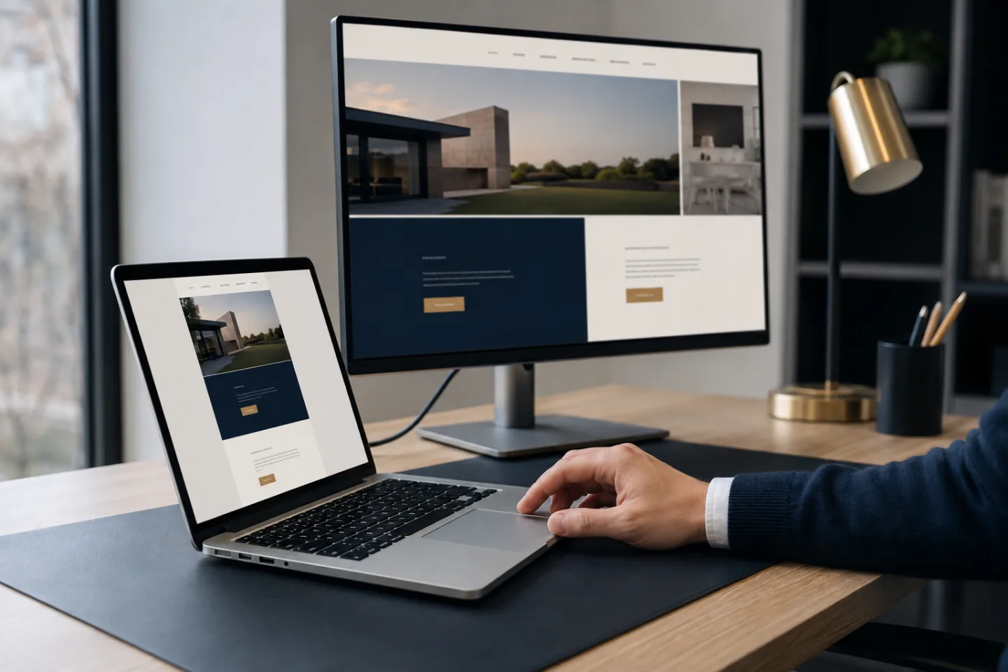 مساحة عمل لتصميم وتطوير المواقع مع حاسوب وشاشة تعرض تجربة رقمية